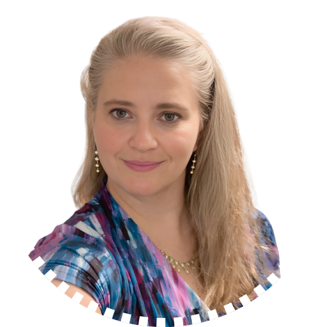 Smiling individual with long blond hair in a colorful blouse, set against a white background, representing rural health.