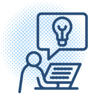 Person at computer with speech bubble showing a lightbulb, symbolizing innovative ideas in rural health.