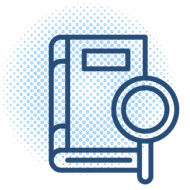 Blue outline of a book with a magnifying glass, set against a textured circular background, symbolizing research in rural health.