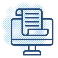 Blue line icon of a computer monitor displaying a scroll, symbolizing digital documentation in rural health.